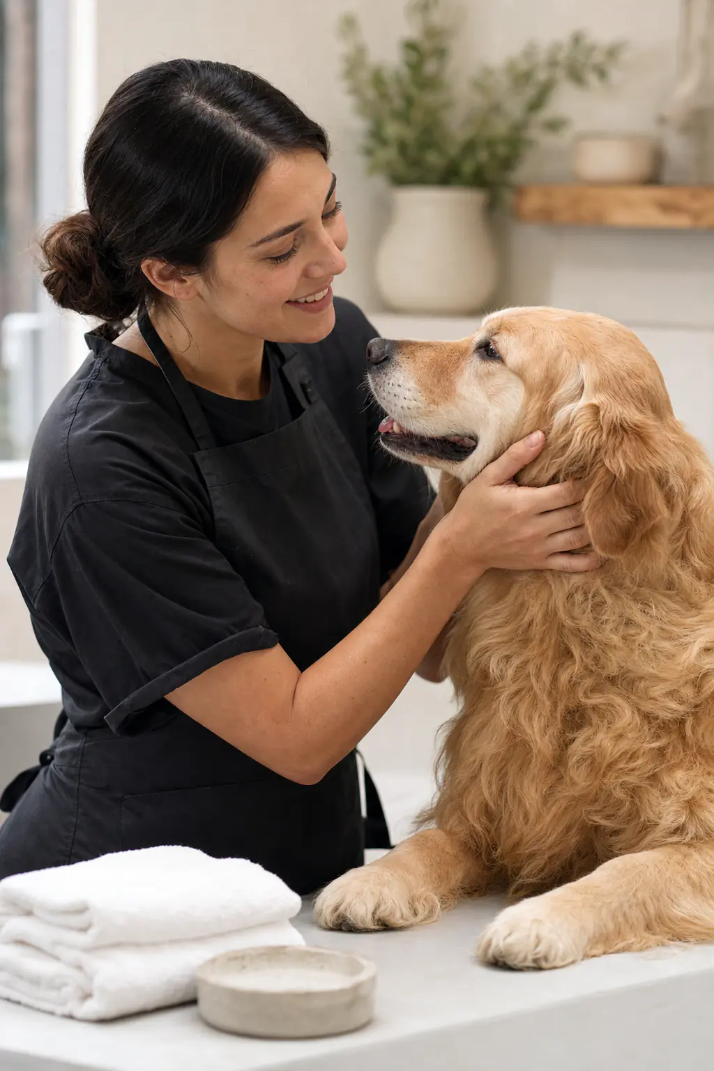 a woman in her early 30s with dark hair in a low bun and light freckles grooming a golden retriever on a white table in a modern salon