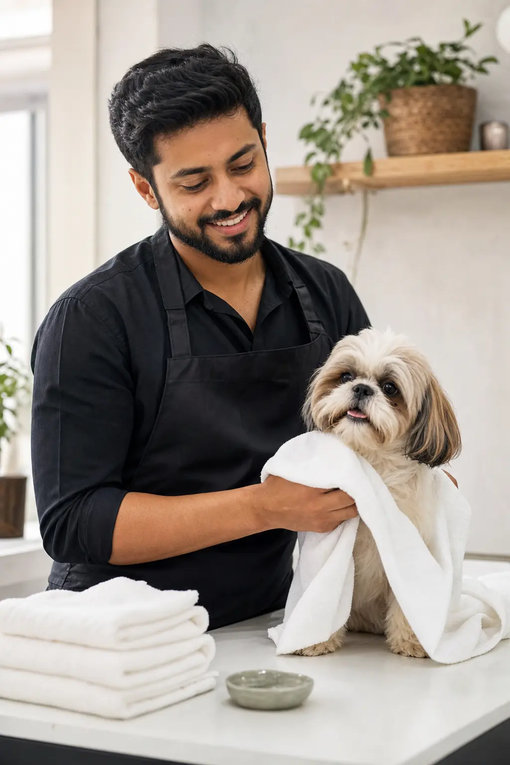 a man in his late 20s of South Asian descent with a short dark beard and tidy hair grooming a fluffy shih tzu on a white table in a modern salon