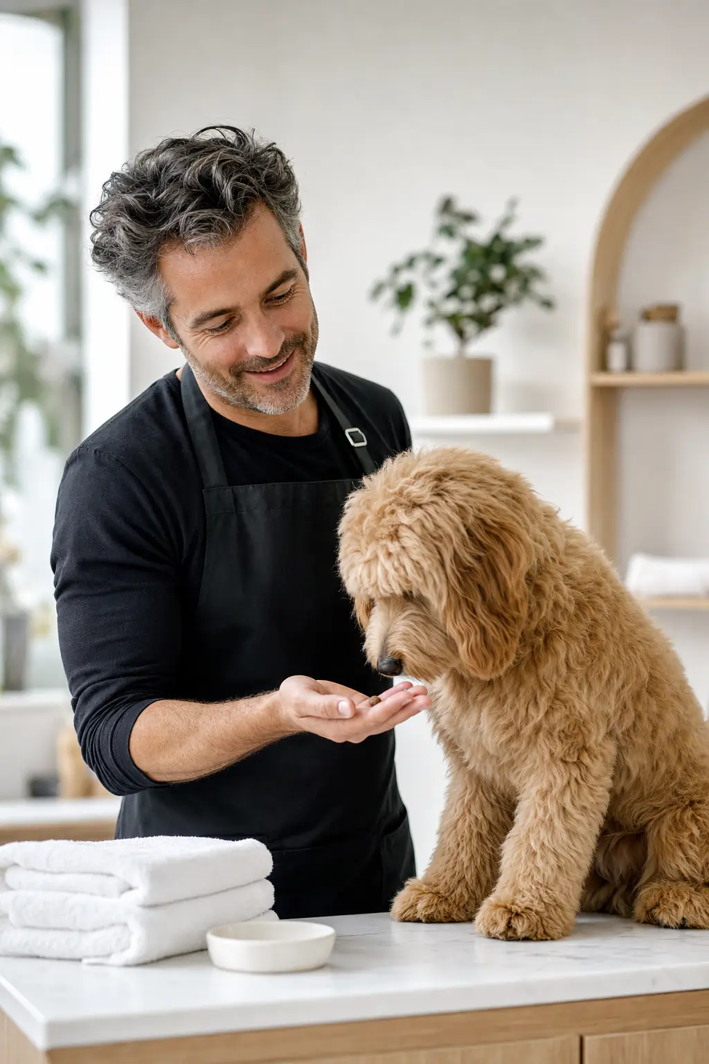 a man in his 40s with salt-and-pepper hair and light stubble grooming a fluffy apricot goldendoodle on a white table in a modern salon
