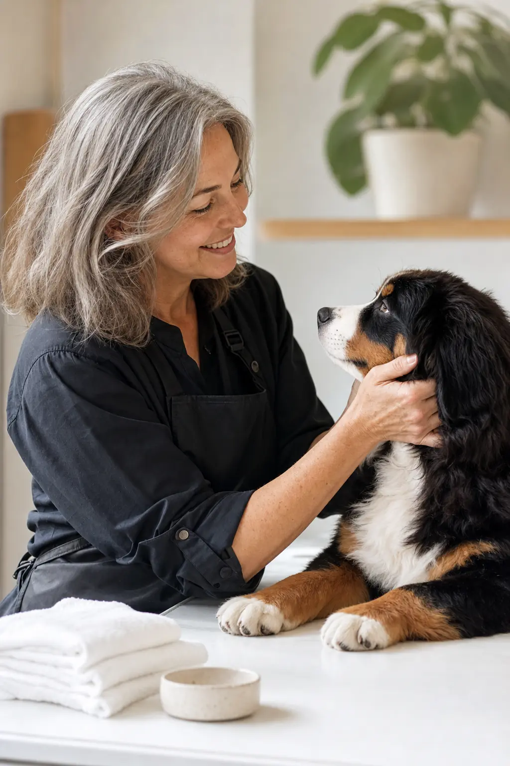 a woman in her early 50s with shoulder-length silver-gray hair grooming a young bernese mountain dog on a white table in a modern salon