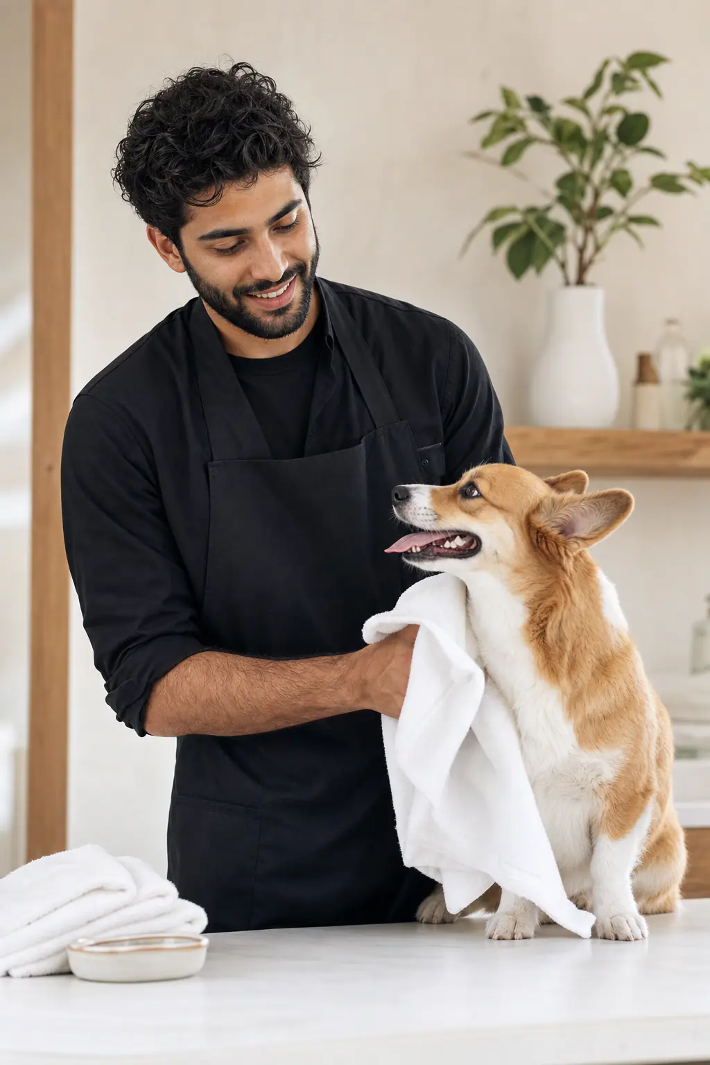 a Middle Eastern man in his late 20s with dark wavy hair grooming a tan-and-white corgi on a white table in a modern salon