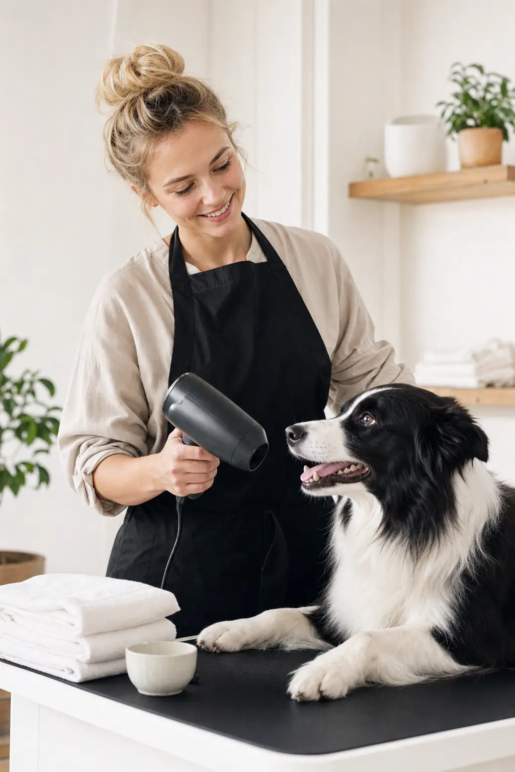 a white woman in her late 20s with a slightly messy blonde bun grooming a black-and-white border collie on a white table in a modern salon