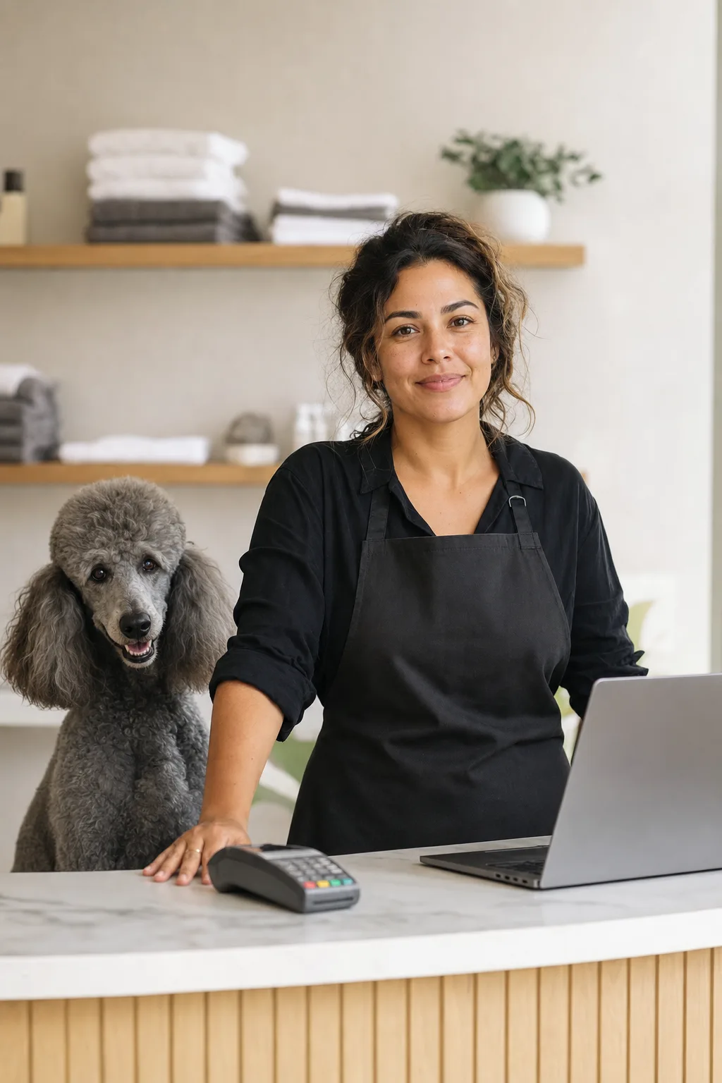 a Latina woman in her 30s with wavy brown hair tied back with a standard poodle with a soft gray coat at a modern pet-salon reception counter