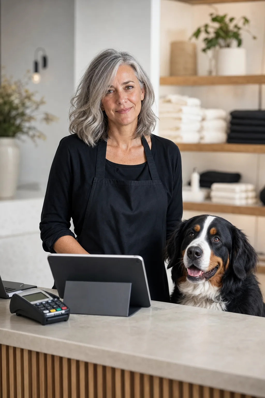 a woman in her early 50s with shoulder-length silver-gray hair with a young bernese mountain dog at a modern pet-salon reception counter