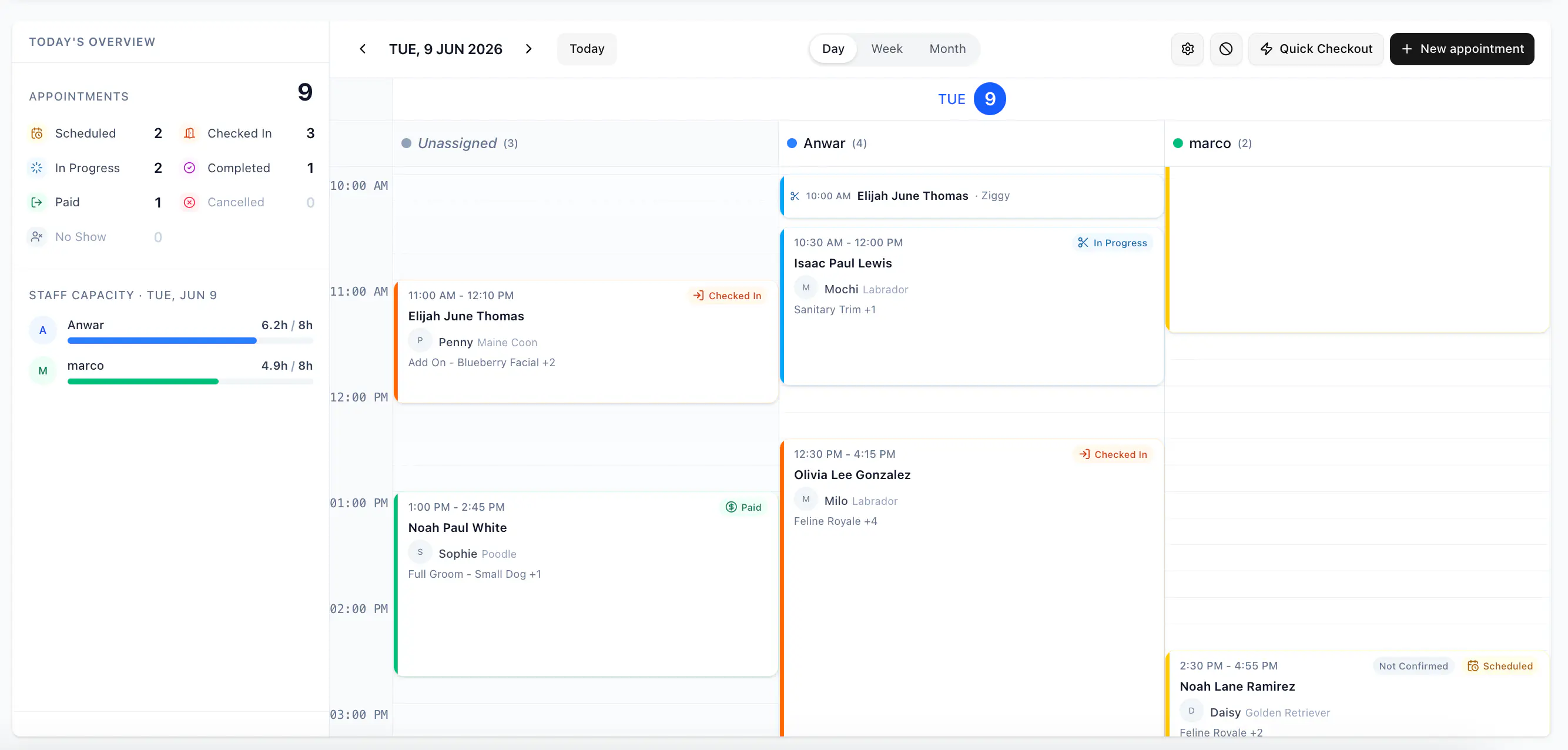 Talopet calendar — day view with staff columns and appointments