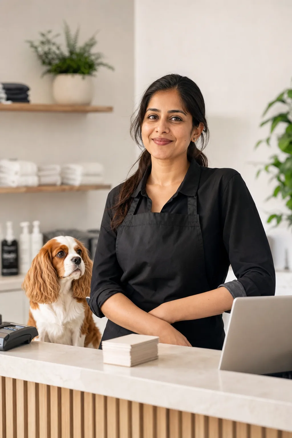 a South Asian woman in her 30s with long dark hair tied back with a cavalier king charles spaniel at a modern pet-salon reception counter