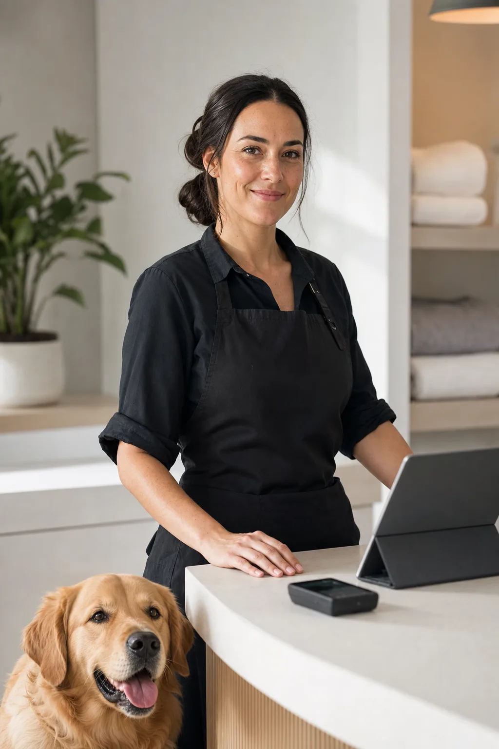 a woman in her early 30s with dark hair in a low bun and light freckles with a golden retriever at a modern pet-salon reception counter