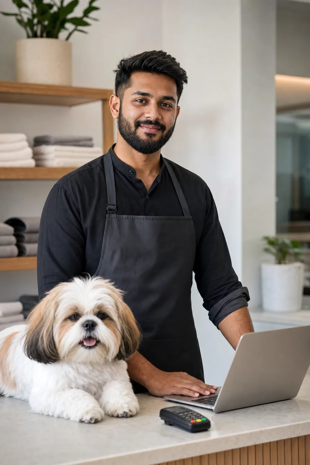 a man in his late 20s of South Asian descent with a short dark beard and tidy hair with a fluffy shih tzu at a modern pet-salon reception counter