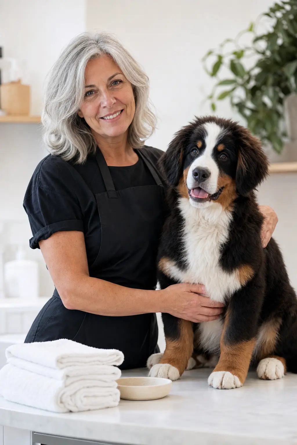 Smiling salon owner with shoulder-length silver-gray hair standing beside a happy bernese mountain dog at a clean white grooming table — saved card on file makes checkout instant