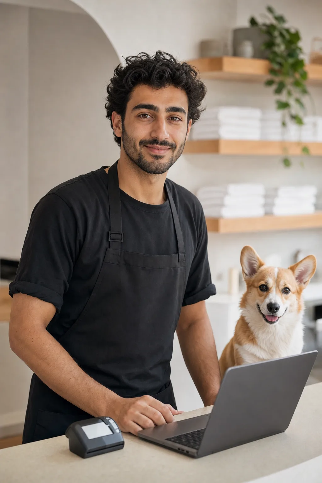 a Middle Eastern man in his late 20s with dark wavy hair with a tan-and-white corgi at a modern pet-salon reception counter