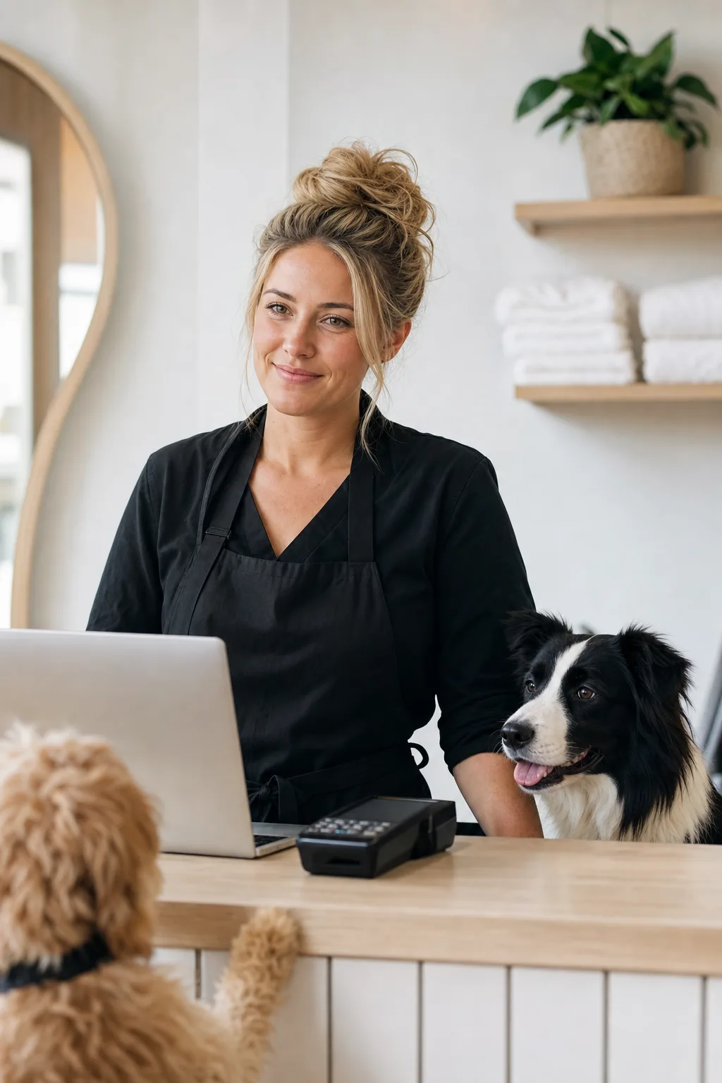 a white woman in her late 20s with a slightly messy blonde bun with a black-and-white border collie at a modern pet-salon reception counter
