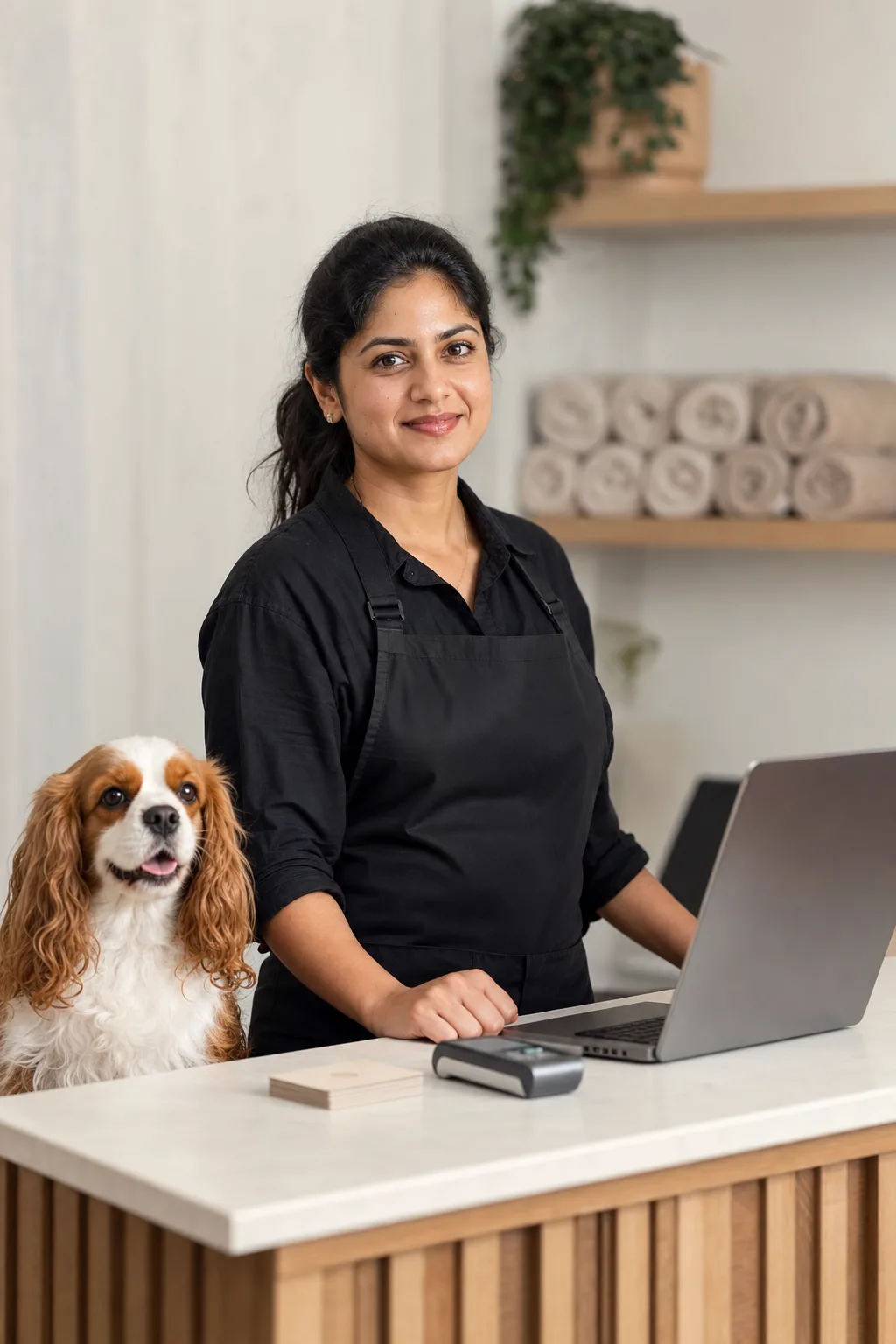 a South Asian woman in her 30s with long dark hair tied back with a cavalier king charles spaniel at a modern pet-salon reception counter