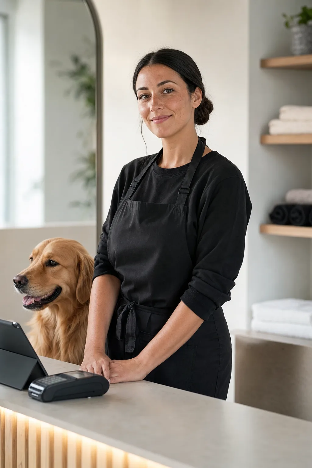 a woman in her early 30s with dark hair in a low bun and light freckles with a golden retriever at a modern pet-salon reception counter