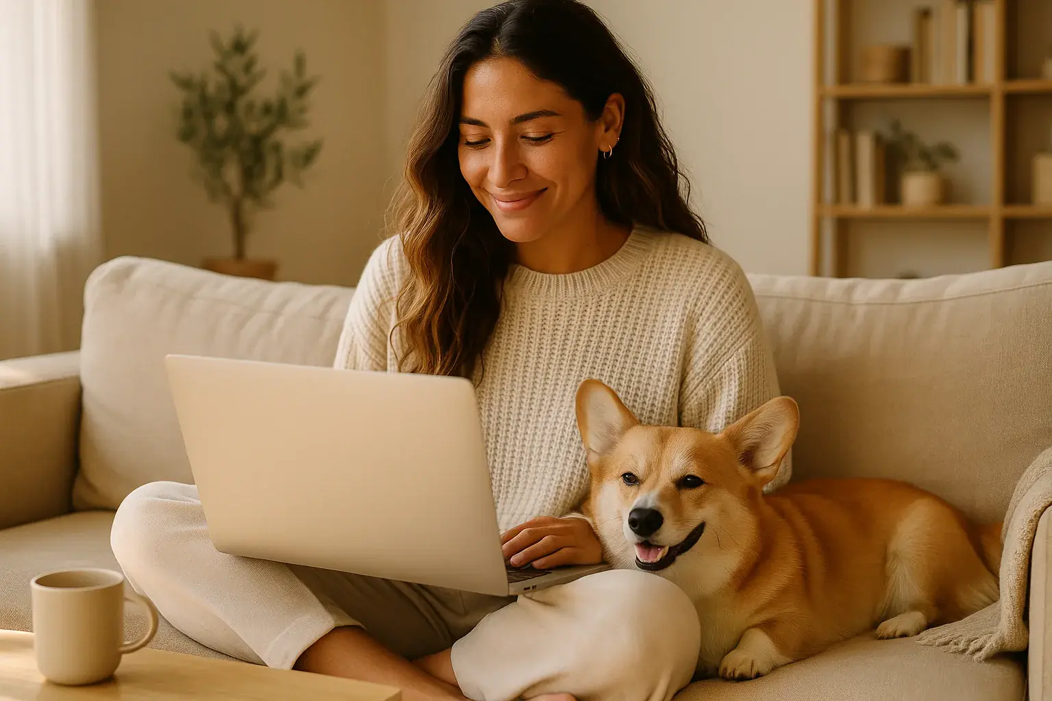 Pet owner browsing a grooming salon's website on her laptop at home with a happy corgi resting beside her