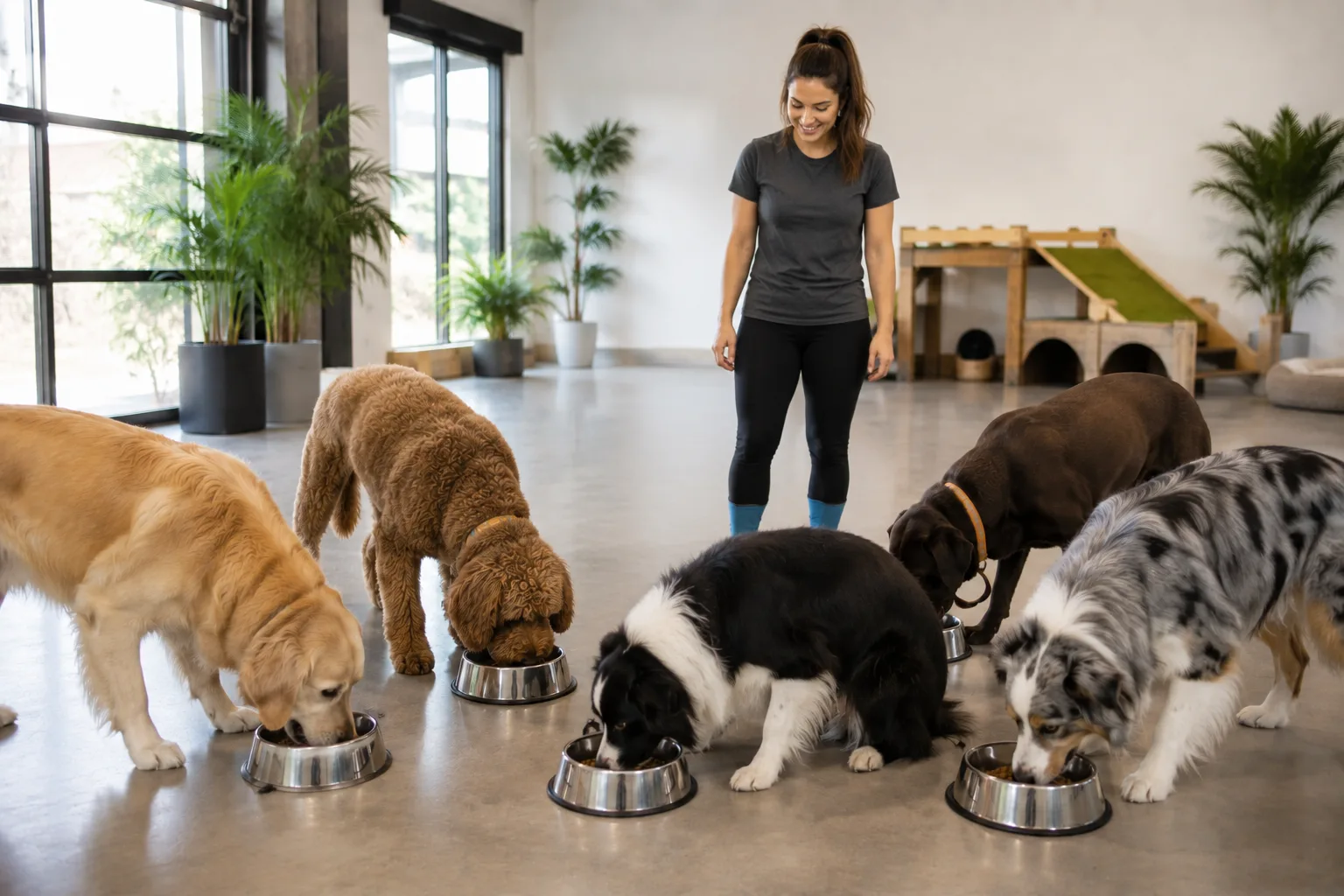 five dogs waiting calmly at mealtime in a bright boarding and daycare facility