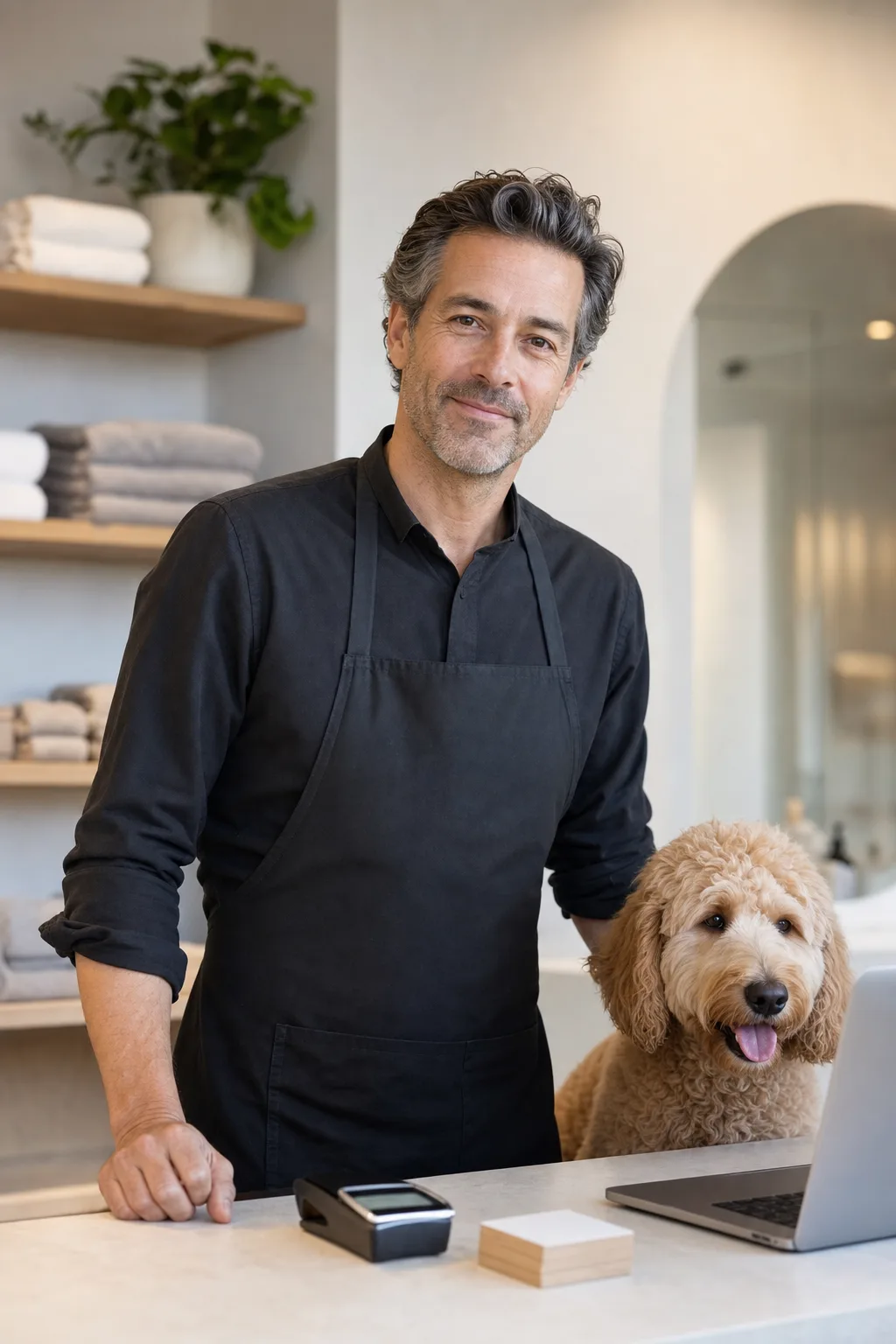 a man in his 40s with salt-and-pepper hair and light stubble with a fluffy apricot goldendoodle at a modern pet-salon reception counter