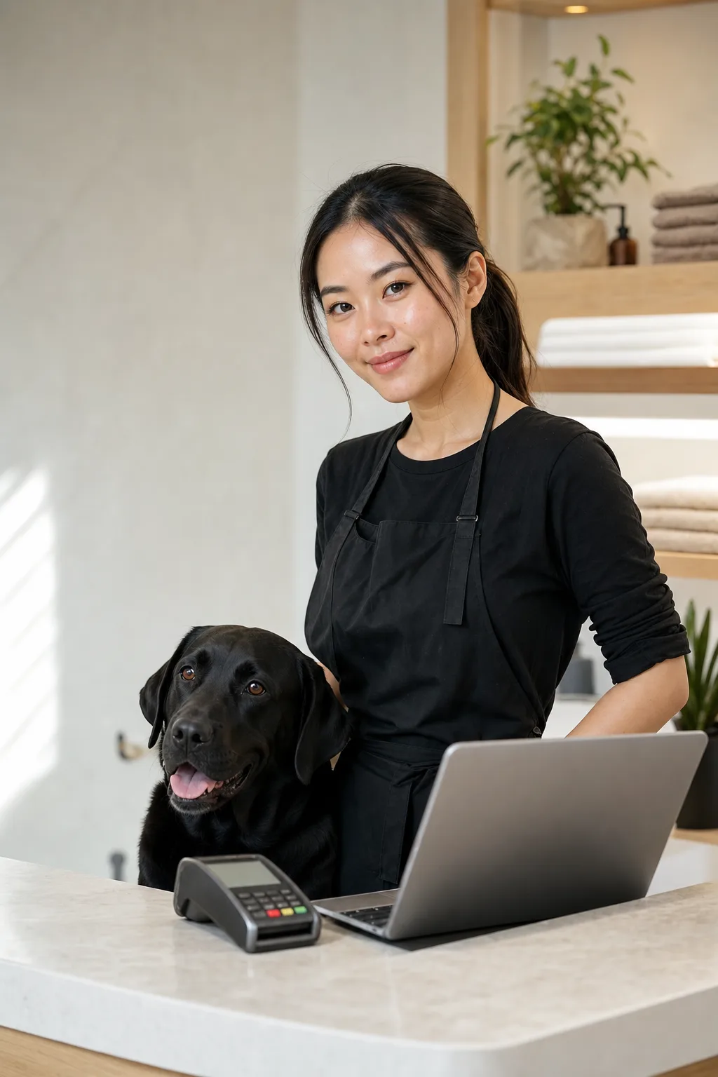 an East Asian woman in her mid-20s with a sleek dark ponytail with a glossy black labrador at a modern pet-salon reception counter