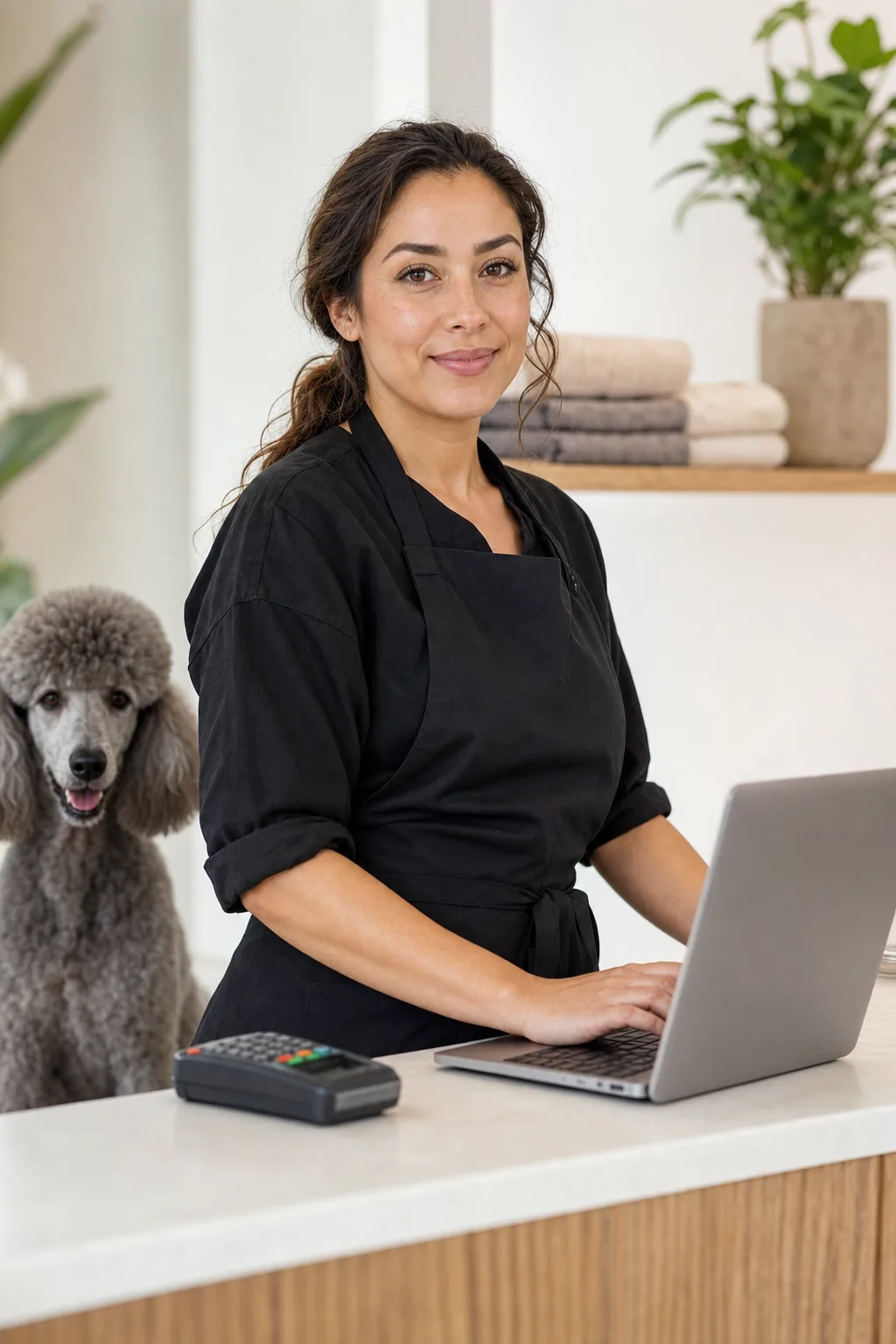 a Latina woman in her 30s with wavy brown hair tied back with a standard poodle with a soft gray coat at a modern pet-salon reception counter