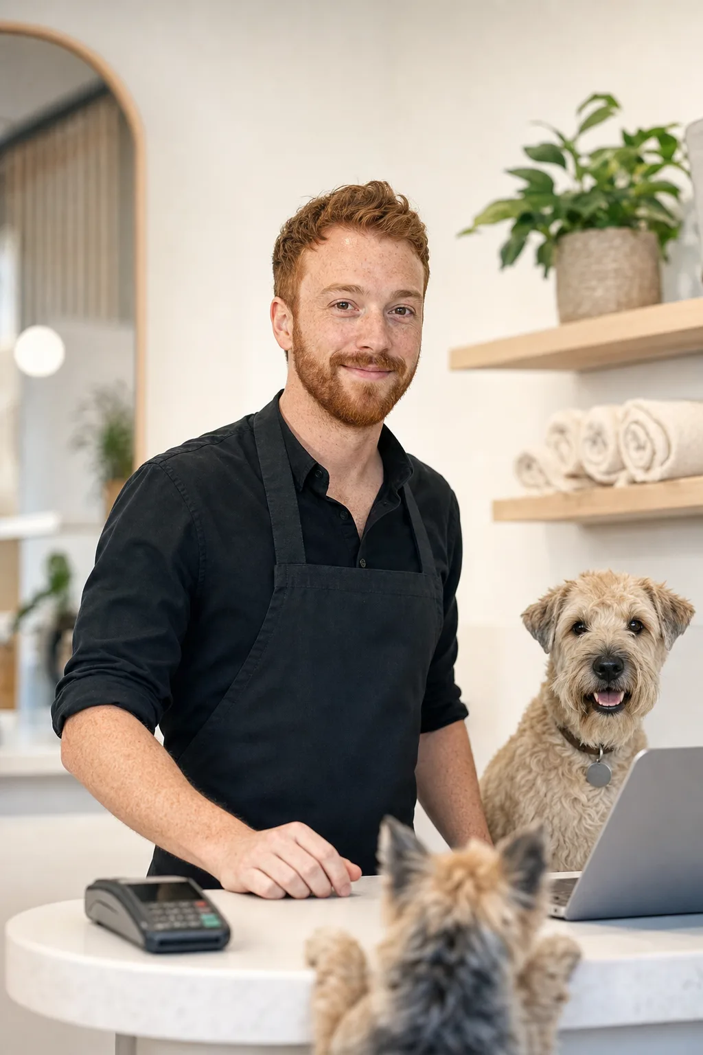 a man in his early 30s with short red hair, light freckles and a trimmed beard with a cream wheaten terrier at a modern pet-salon reception counter