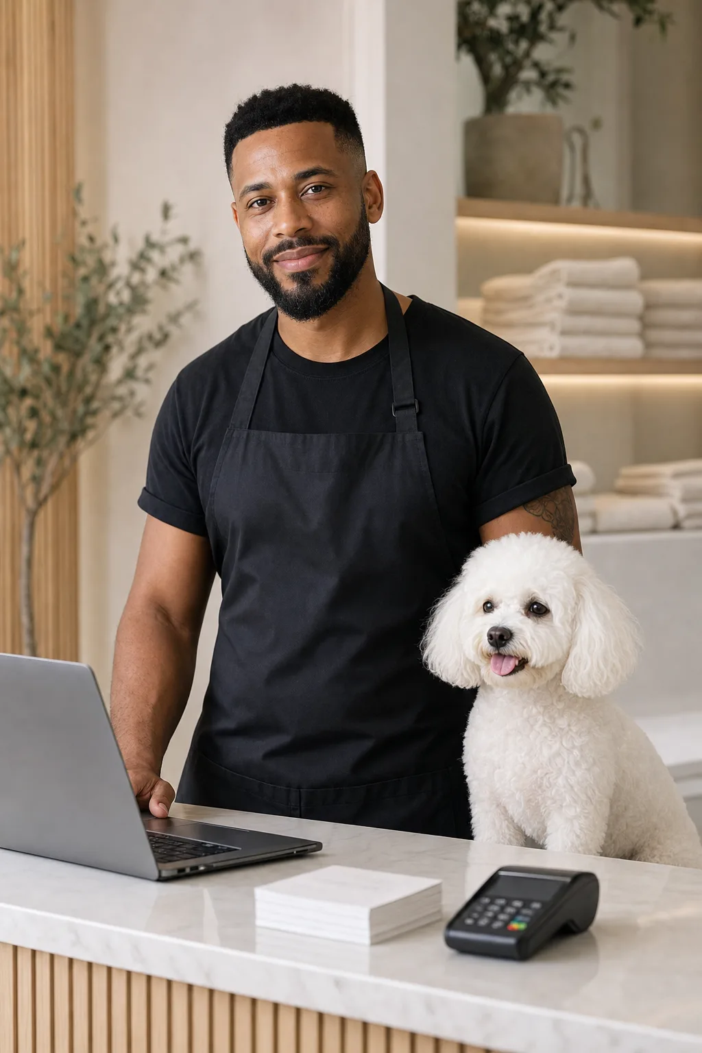 a Black man in his 30s with a short fade and a neat beard with a small white bichon frise at a modern pet-salon reception counter