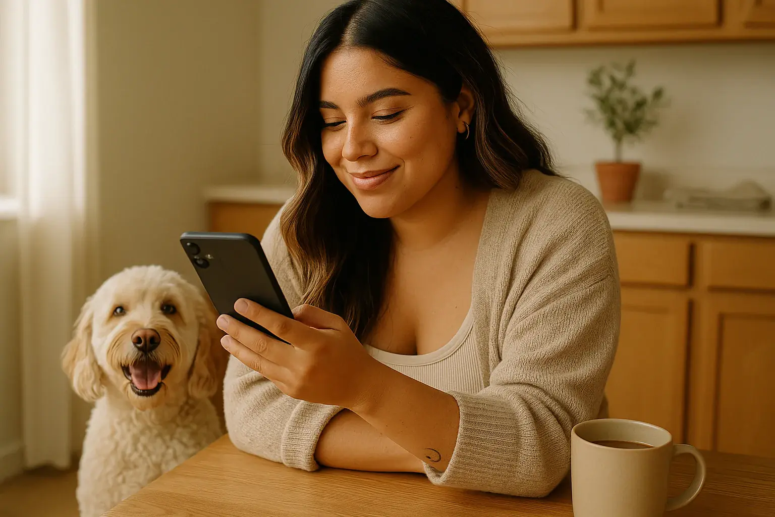 Smiling pet owner reading a grooming salon email on her phone in her sunlit kitchen with her happy labradoodle beside her