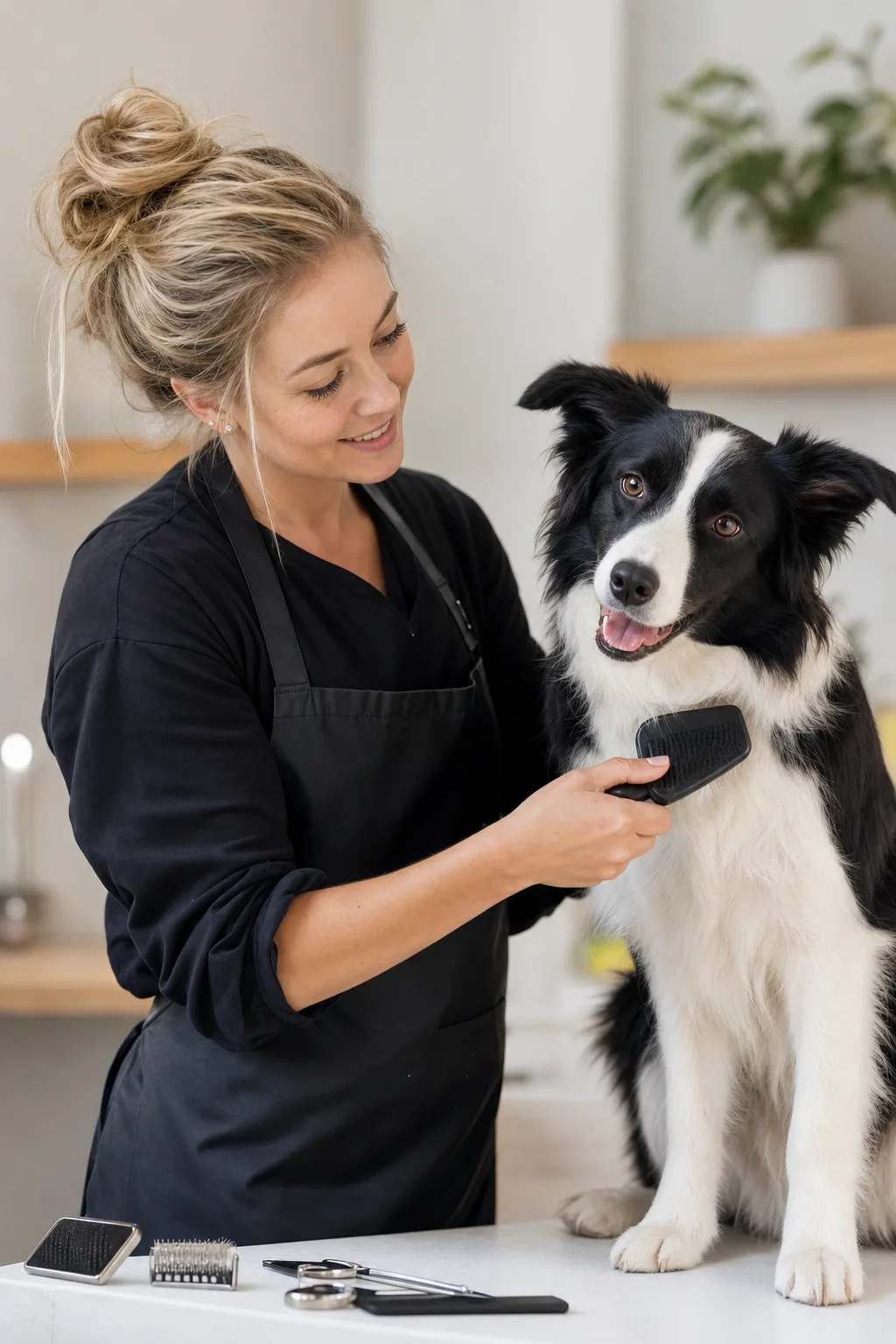 Staff member surrounded by a group of dogs in a modern pet daycare
