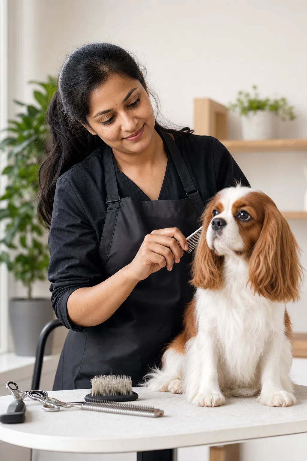 Groomer following up with a client on her phone in a modern salon