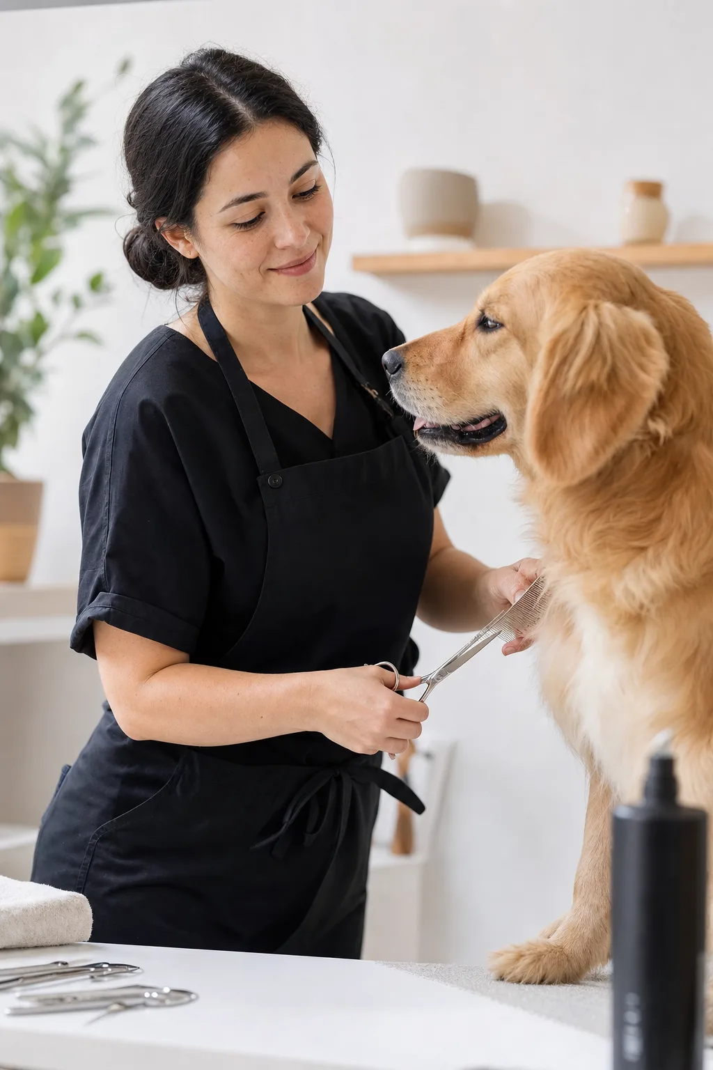 Groomer mid-groom trimming a dog while the AI answers the phone