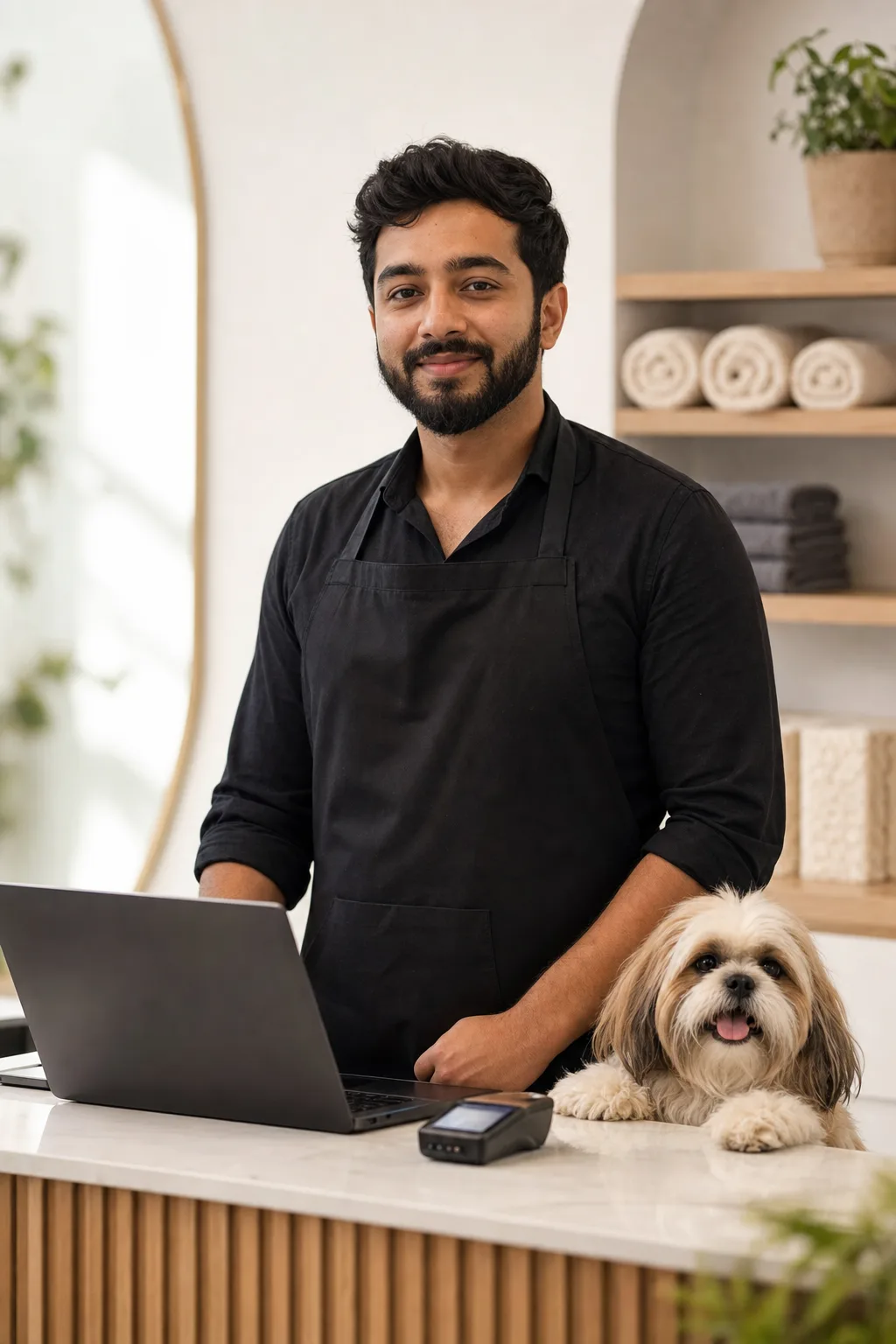 Customer paying by card at the salon front desk while holding her dog