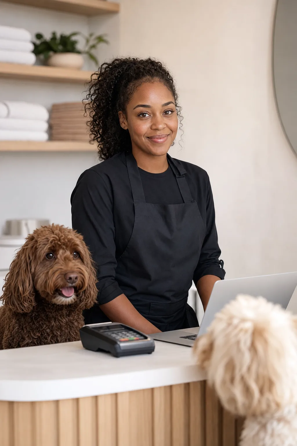 a Black woman in her late 20s with natural curls pulled back with a chocolate-brown cockapoo at a modern pet-salon reception counter