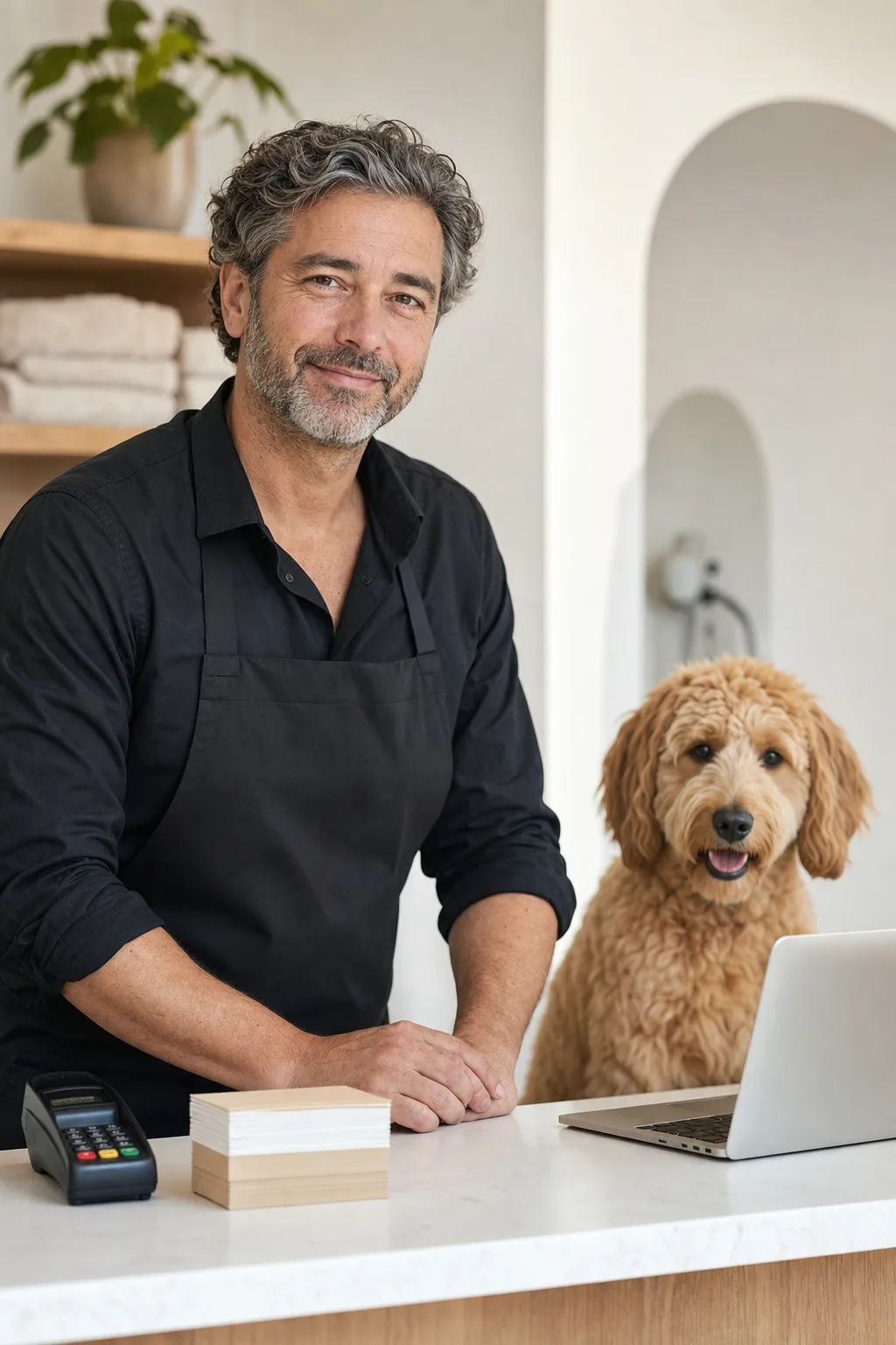 a man in his 40s with salt-and-pepper hair and light stubble with a fluffy apricot goldendoodle at a modern pet-salon reception counter