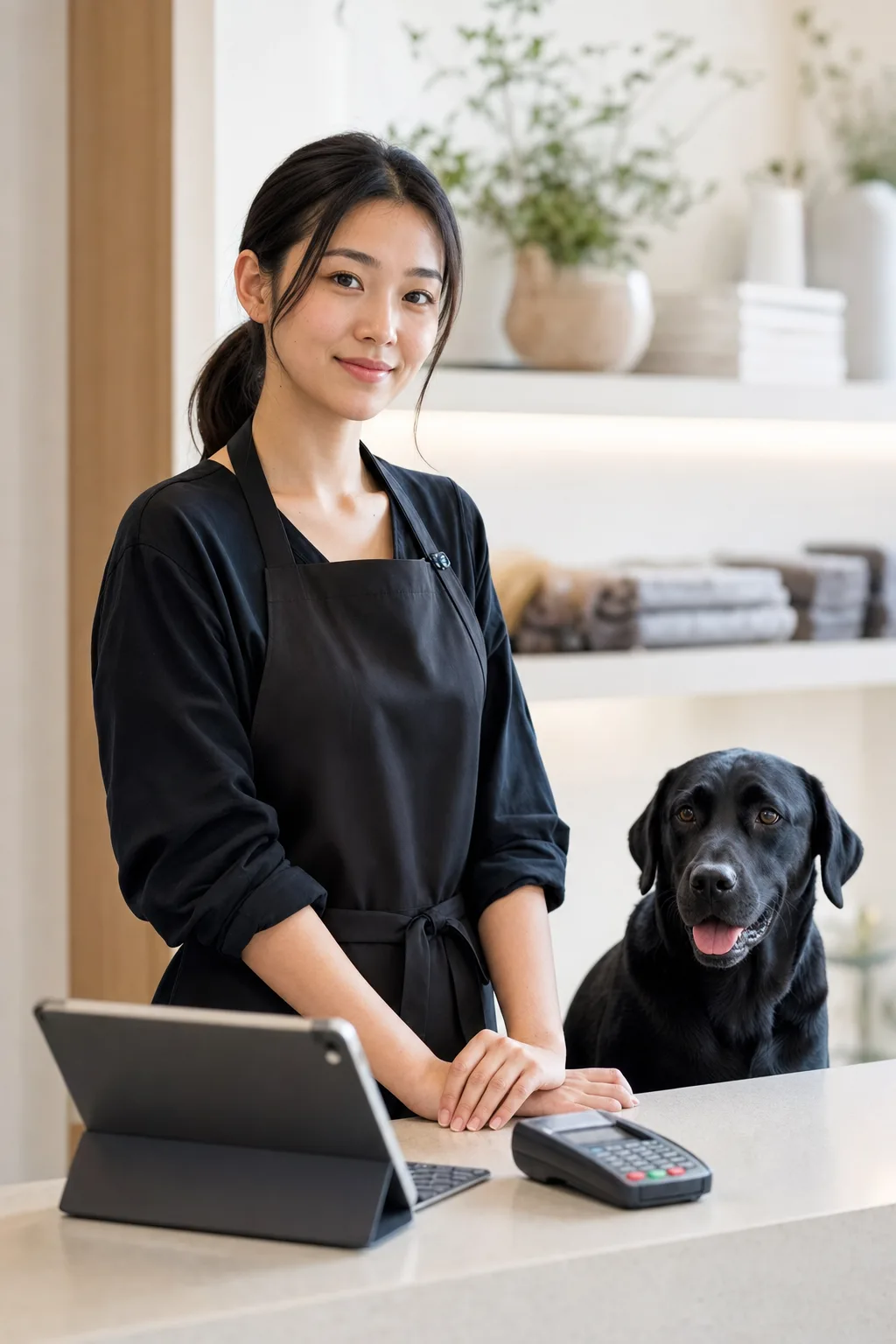 an East Asian woman in her mid-20s with a sleek dark ponytail with a glossy black labrador at a modern pet-salon reception counter