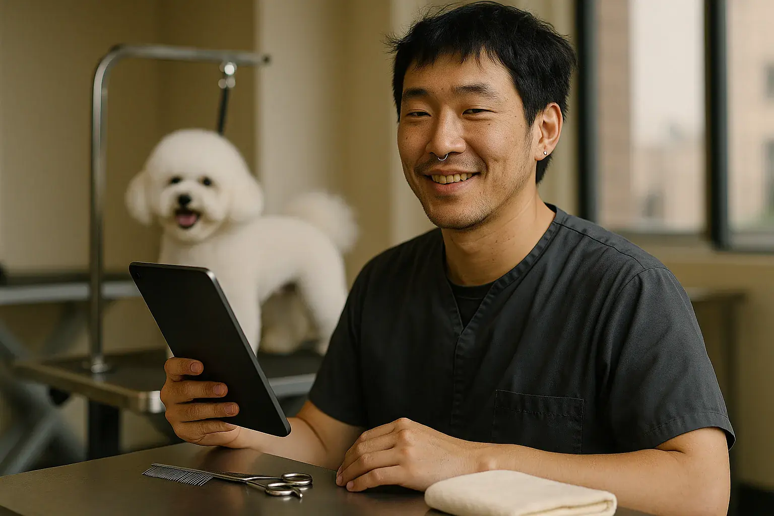 Pet groomer using a tablet at the grooming station reception counter with a happy bichon frise in the background