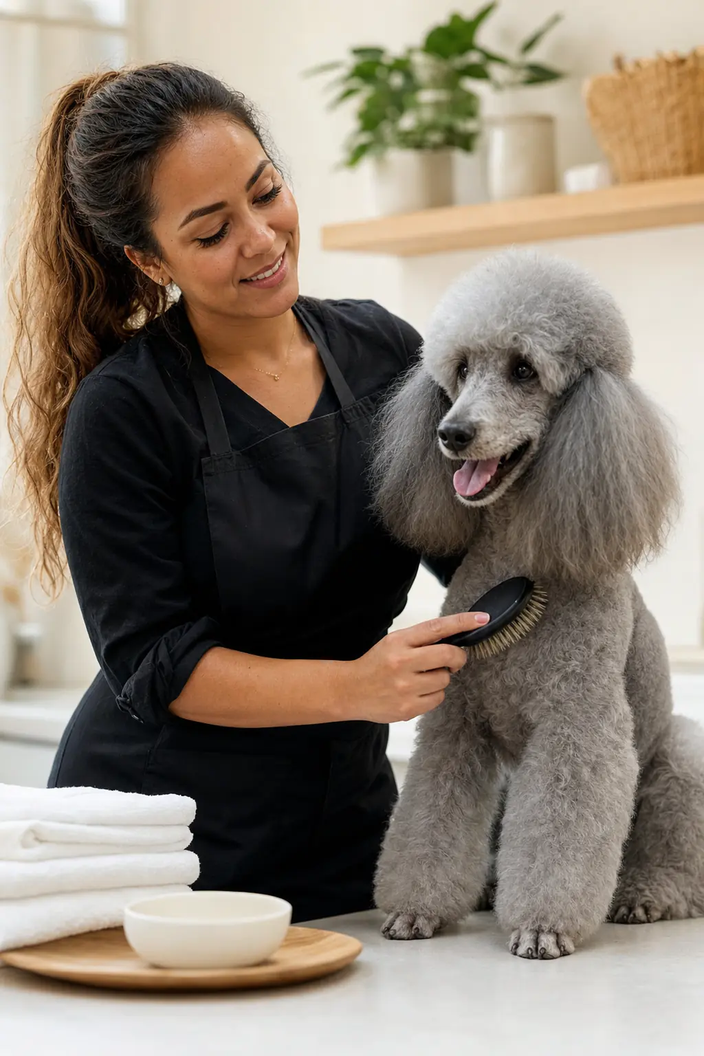 a Latina woman in her 30s with wavy brown hair tied back grooming a standard poodle with a soft gray coat on a white table in a modern salon