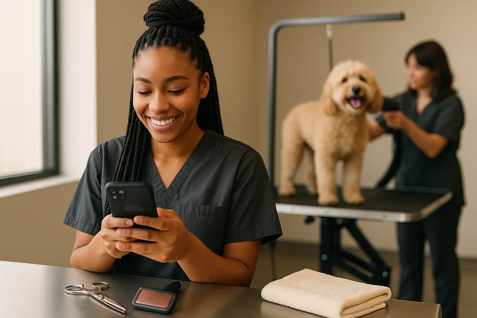 Smiling pet groomer reading a client message on her phone at the grooming station with a happy goldendoodle in the background