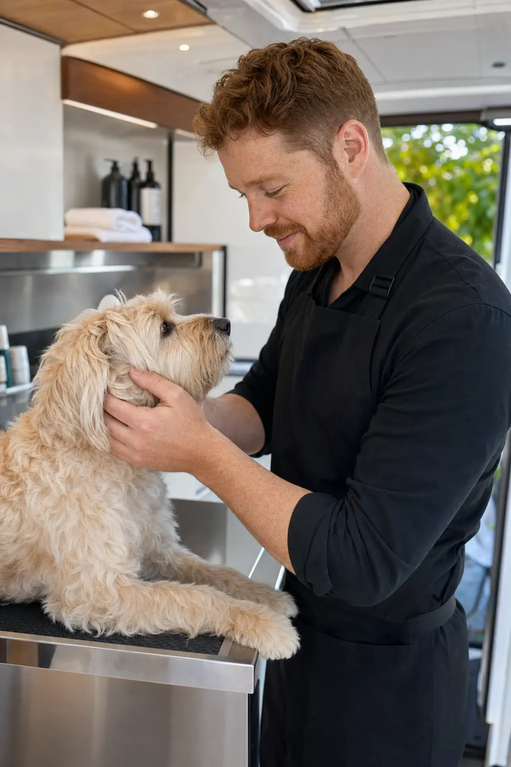 a man in his early 30s with short red hair, light freckles and a trimmed beard grooming a cream wheaten terrier inside a modern mobile grooming van