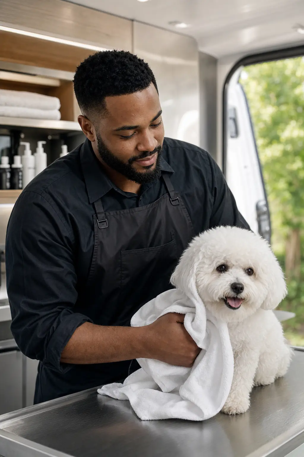 a Black man in his 30s with a short fade and a neat beard grooming a small white bichon frise inside a modern mobile grooming van