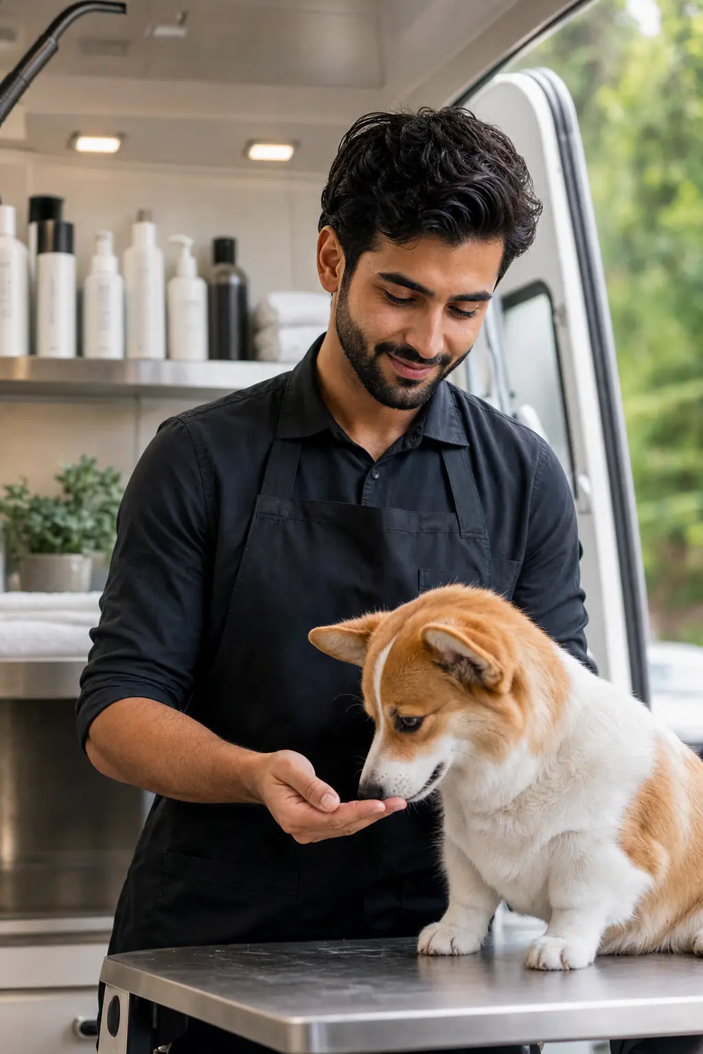 a Middle Eastern man in his late 20s with dark wavy hair grooming a tan-and-white corgi inside a modern mobile grooming van