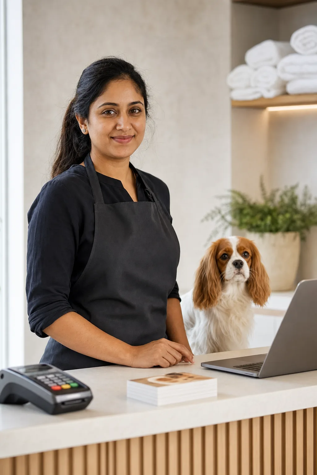 a South Asian woman in her 30s with long dark hair tied back with a cavalier king charles spaniel at a modern pet-salon reception counter