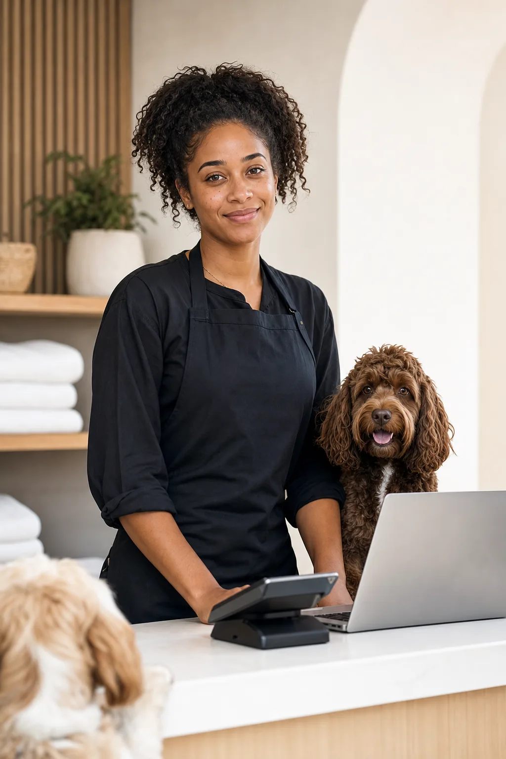 a Black woman in her late 20s with natural curls pulled back with a chocolate-brown cockapoo at a modern pet-salon reception counter