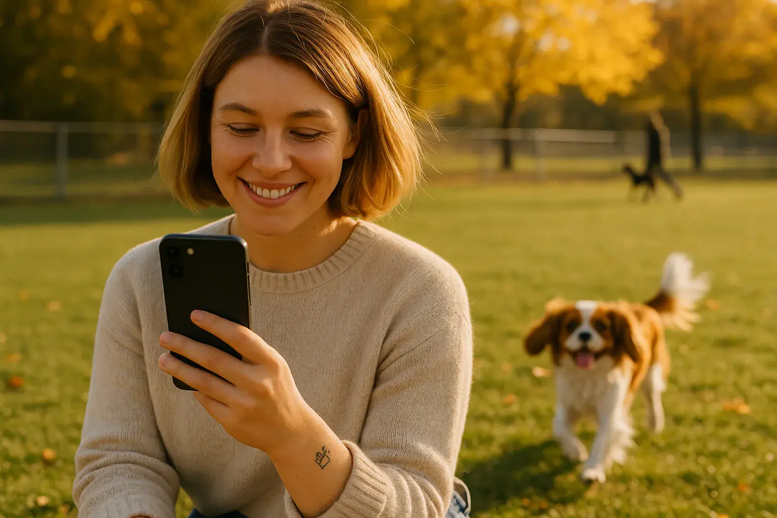 Pet owner booking a grooming appointment on her phone in a sunlit dog park while her happy Cavalier spaniel plays on the grass