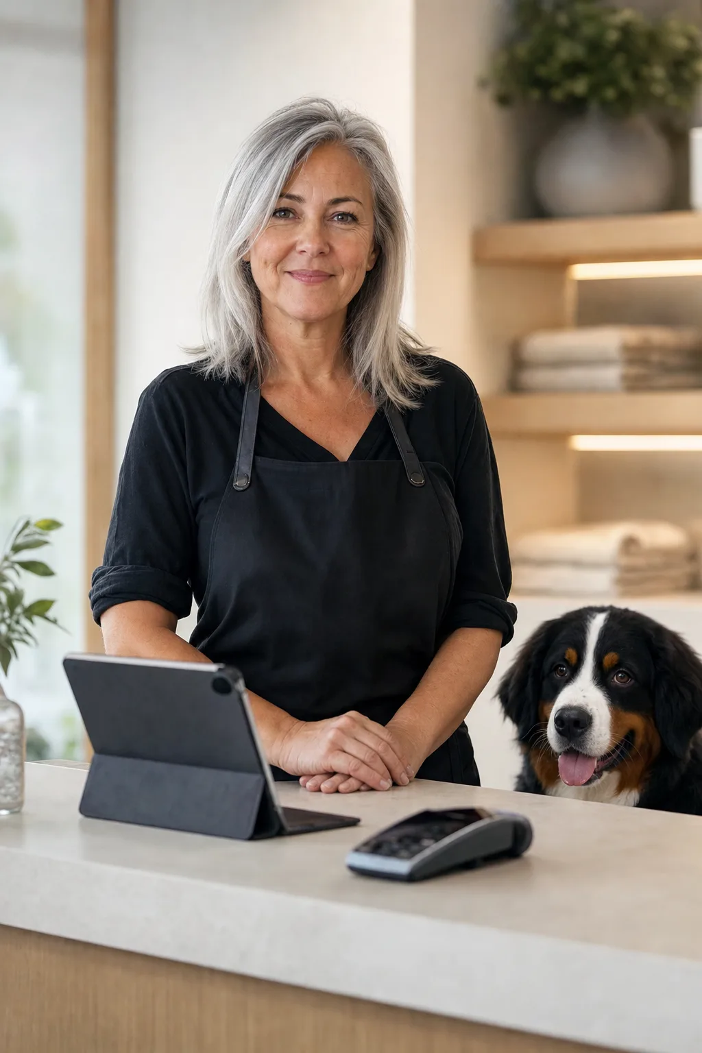 a woman in her early 50s with shoulder-length silver-gray hair with a young bernese mountain dog at a modern pet-salon reception counter