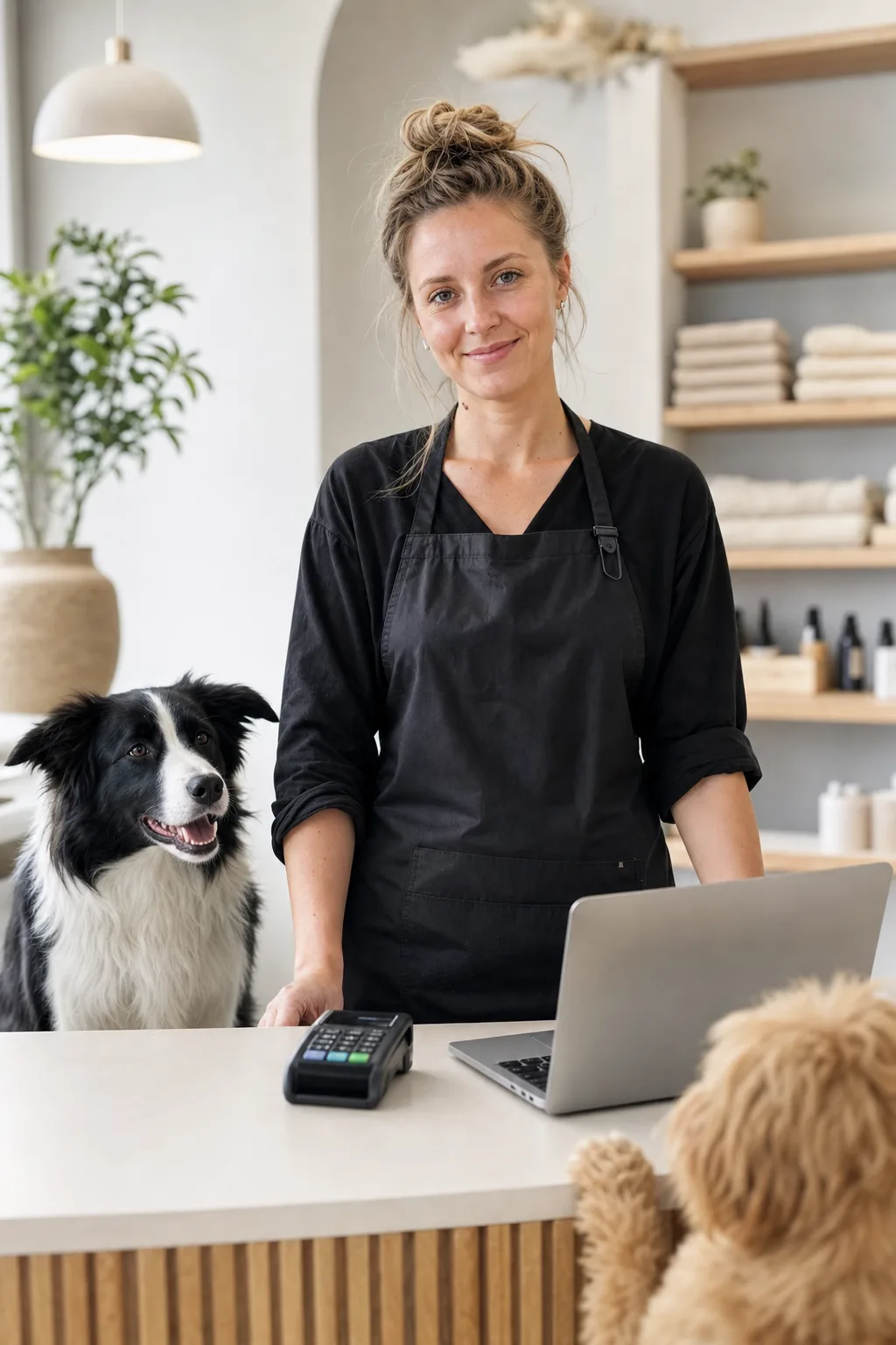 a white woman in her late 20s with a slightly messy blonde bun with a black-and-white border collie at a modern pet-salon reception counter