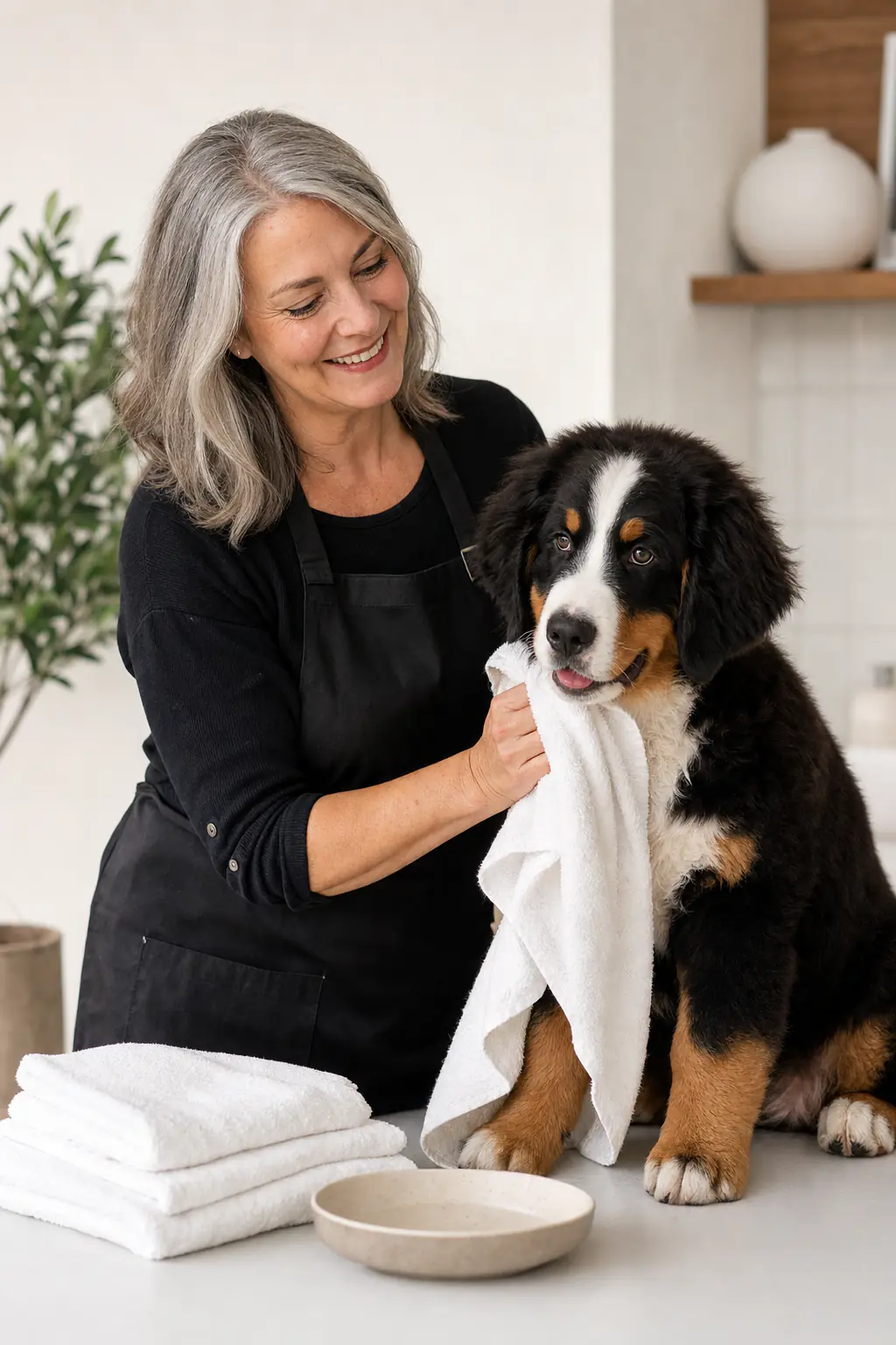 a woman in her early 50s with shoulder-length silver-gray hair grooming a young bernese mountain dog on a white table in a modern salon