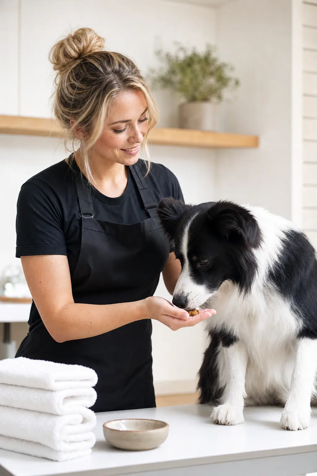 a white woman in her late 20s with a slightly messy blonde bun grooming a black-and-white border collie on a white table in a modern salon