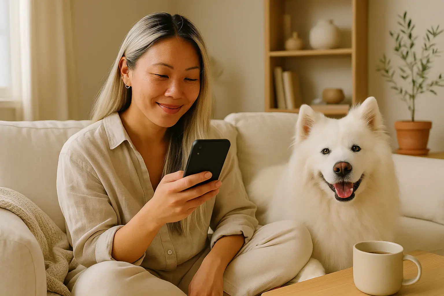 Smiling pet owner leaving a positive review on her phone at home with her freshly-groomed happy samoyed resting beside her