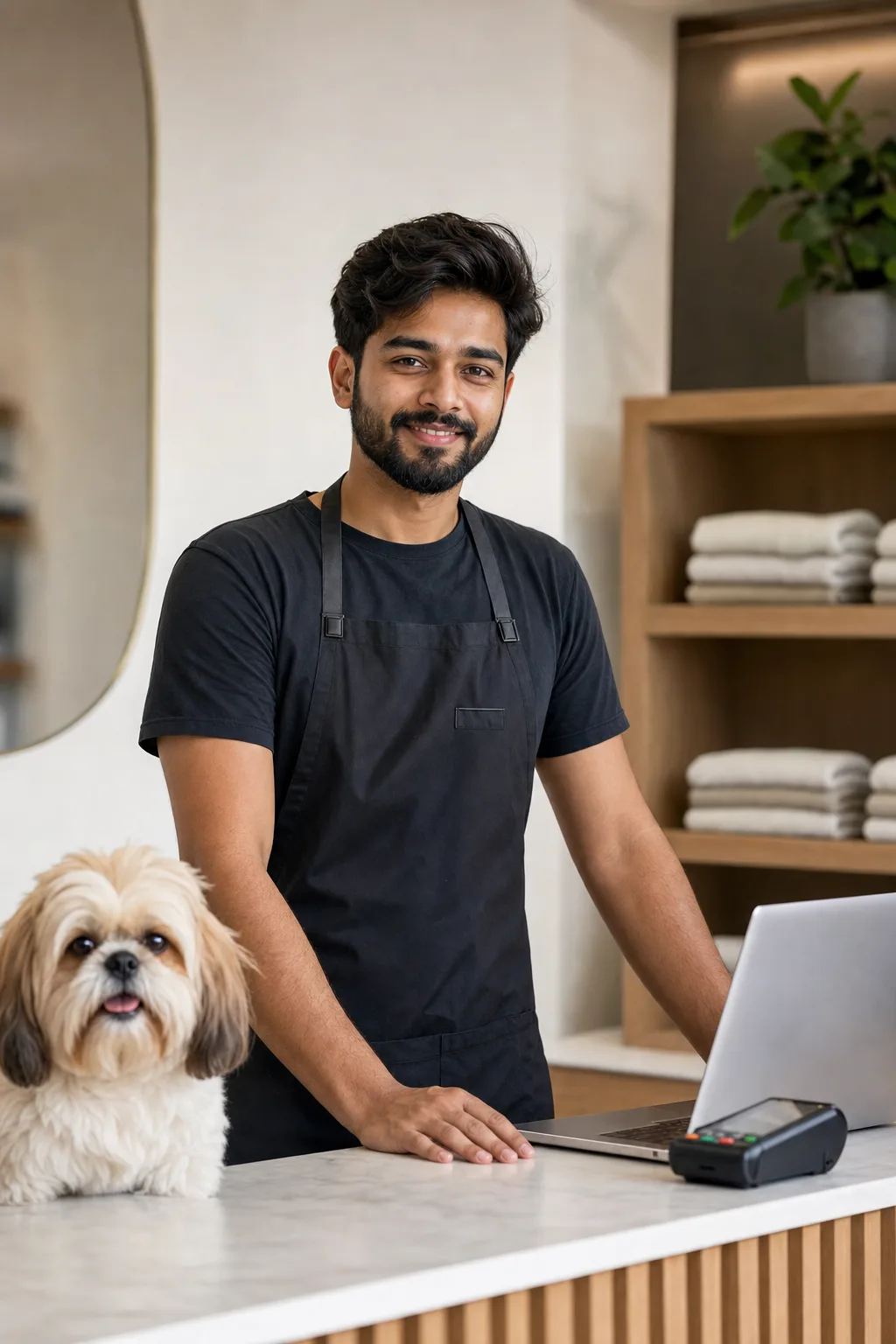 a man in his late 20s of South Asian descent with a short dark beard and tidy hair with a fluffy shih tzu at a modern pet-salon reception counter