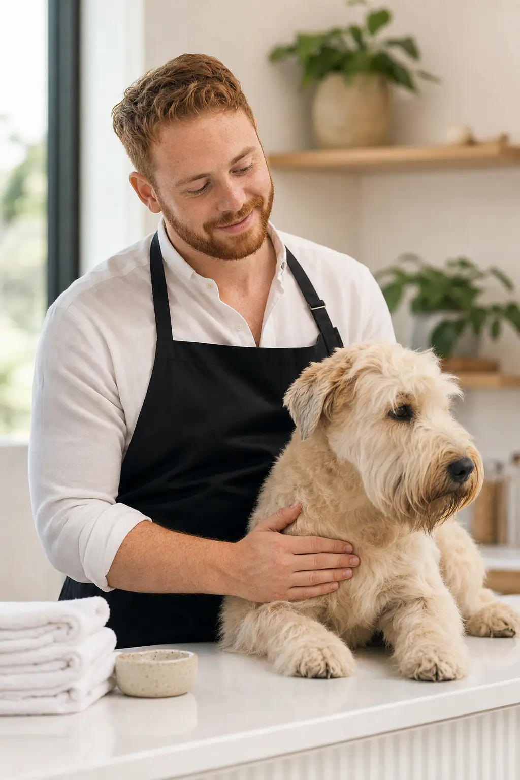 a man in his early 30s with short red hair, light freckles and a trimmed beard grooming a cream wheaten terrier on a white table in a modern salon