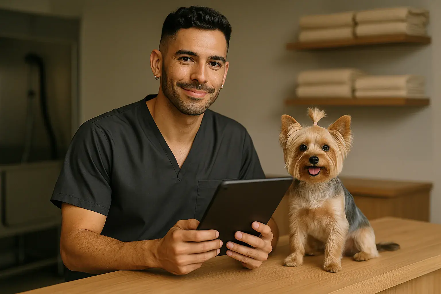 Smiling pet groomer managing his schedule on a tablet at the salon reception counter beside a happy Yorkshire terrier