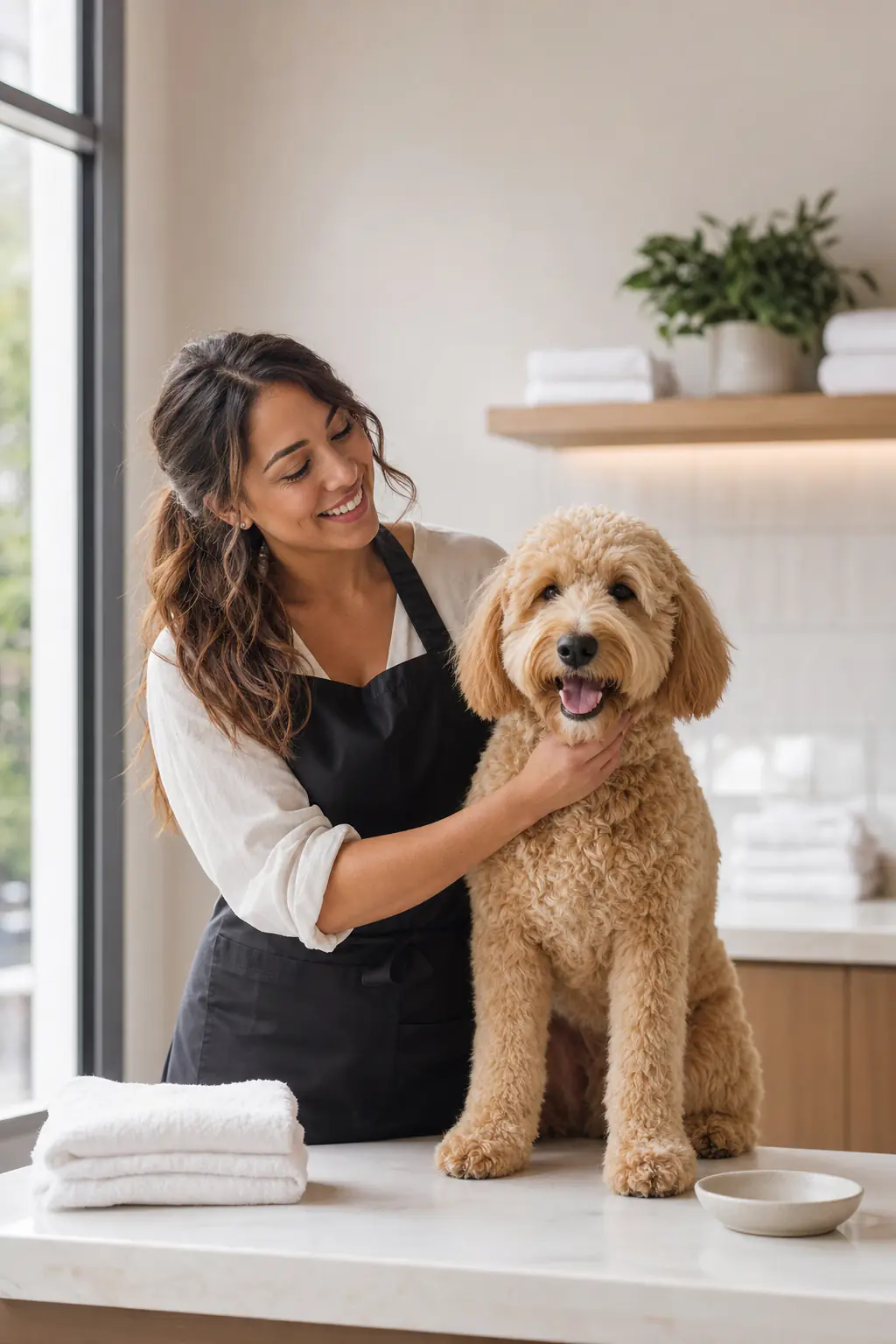 a Latina woman in her early 30s with long wavy chestnut-brown hair tied back behind a clean white grooming table with a happy apricot goldendoodle in a bright modern pet-grooming salon